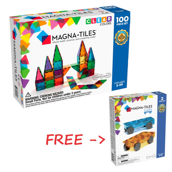 BUNDLES MAGNA-TILES Classic Starter: Clear Colors 100 Piece Set FREE Cars Expansion Set Blue & Orange (Usual Price: $209.80)