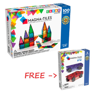 BUNDLES MAGNA-TILES Classic Starter: Clear Colors 100 Piece Set FREE Cars Expansion Set Purple & Red (Usual Price: $209.80)
